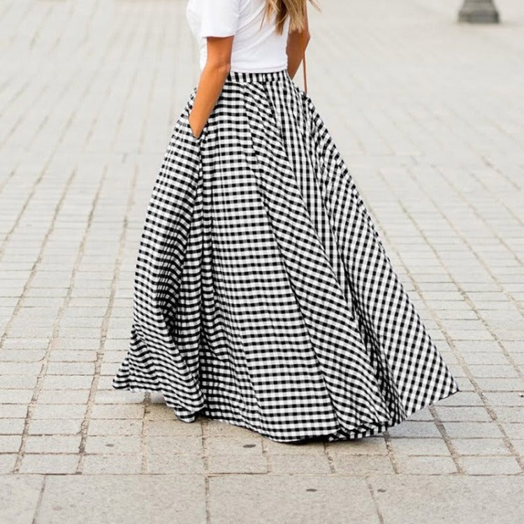 Plaid High Waist Large Skirt Drape Skirt