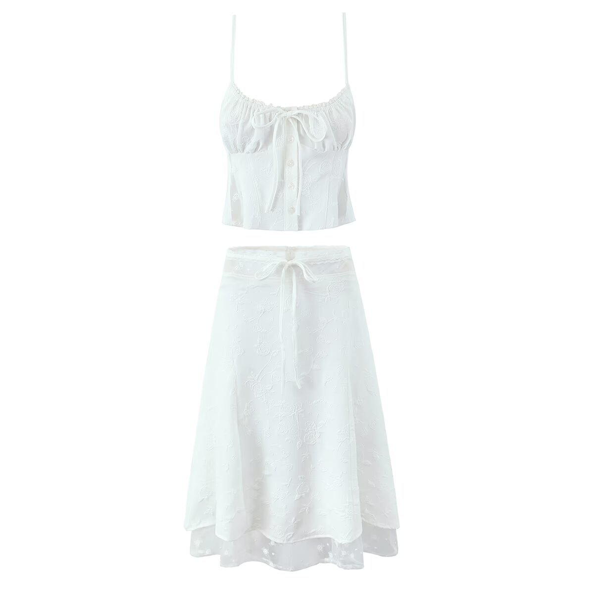 New Sweet Lace Stitching 2-piece Retro Jacquard Small Sling Vest Long Skirt