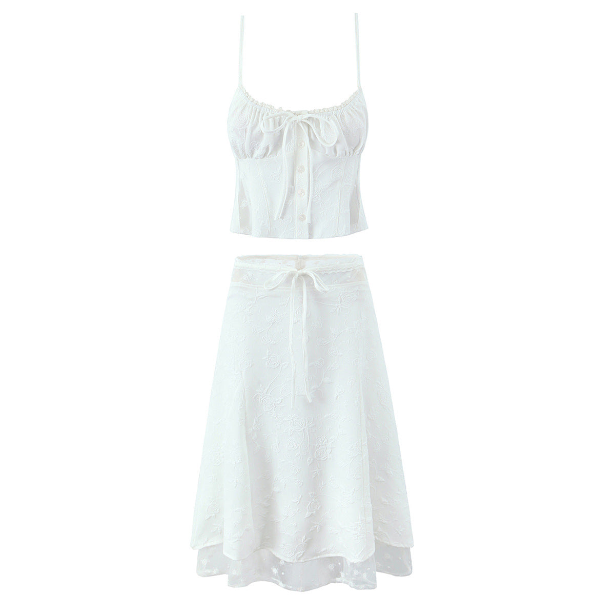 New Sweet Lace Stitching 2-piece Retro Jacquard Small Sling Vest Long Skirt