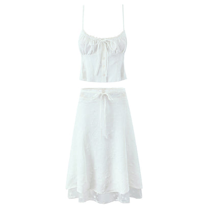 New Sweet Lace Stitching 2-piece Retro Jacquard Small Sling Vest Long Skirt