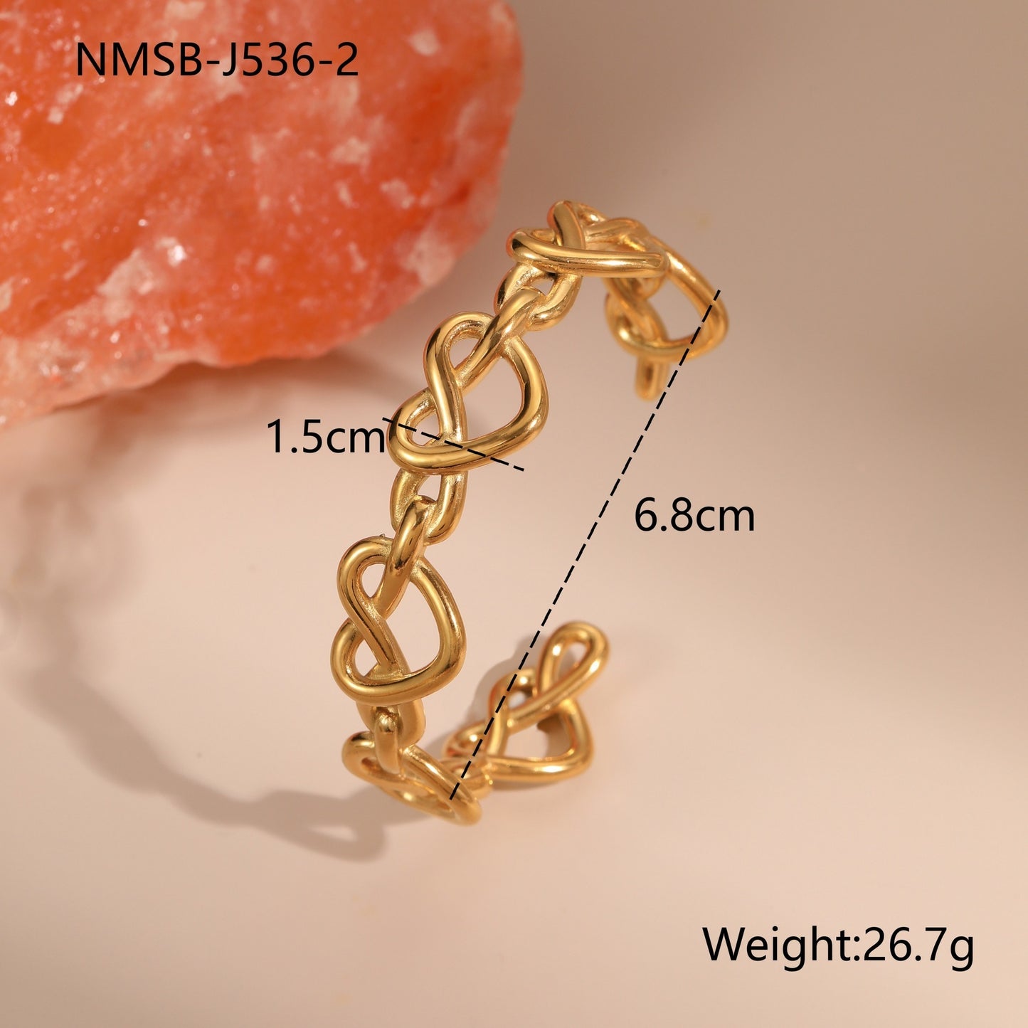 European And American Open Stainless Steel Bracelet 18K Gold Plating Heart-shaped Design Sense