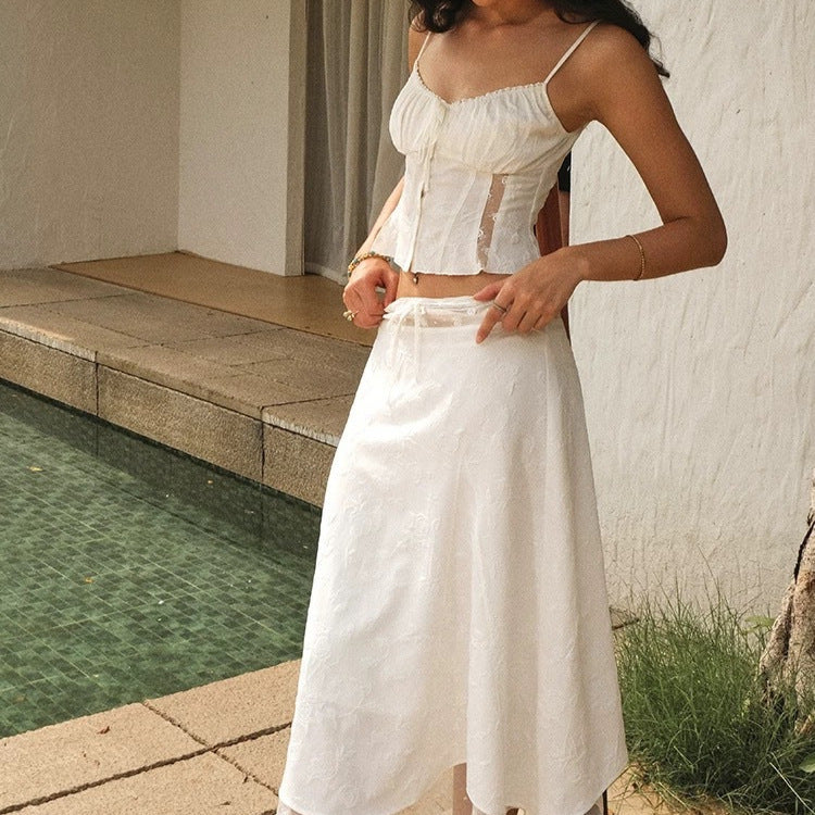 New Sweet Lace Stitching 2-piece Retro Jacquard Small Sling Vest Long Skirt