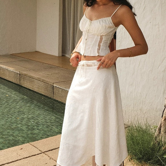 New Sweet Lace Stitching 2-piece Retro Jacquard Small Sling Vest Long Skirt