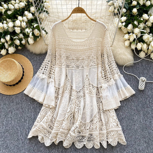 Retro Knitted Loose Hollow-out Crocheted Design Stitching Temperament Short Midi Skirt